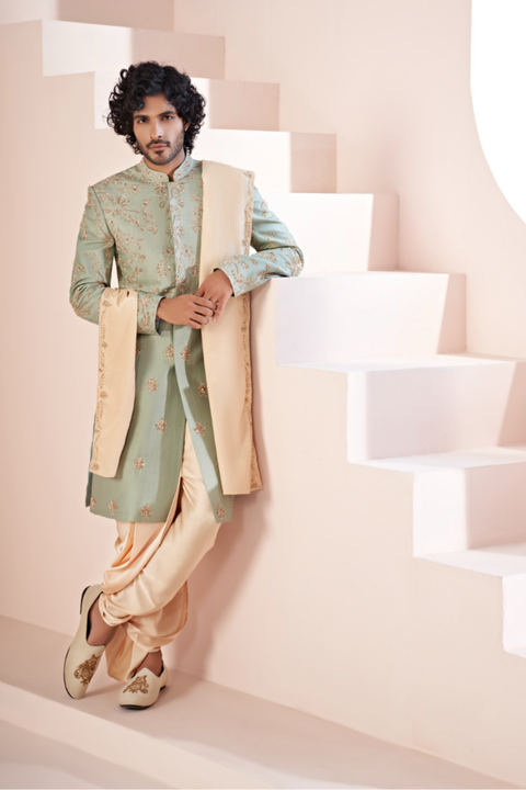 Aurelin — Olive Green Hand Embroidered Dupion Silk Sherwani