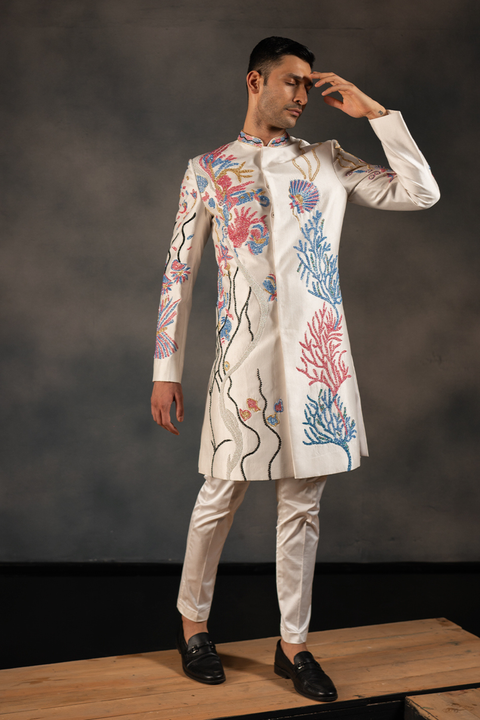 Aqua Marine — Off White Hand Embroidered Dupion Silk Sherwani