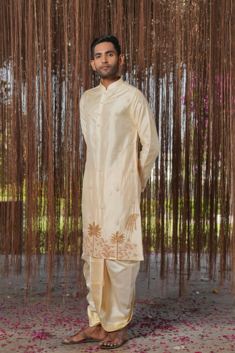 Vruksha Kanjivaram — Cream Pink Hand Embroidered Kanjivaram Pattu Silk Kurta Set