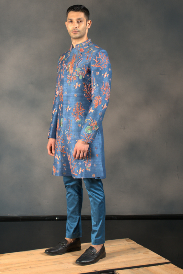 Coral Vogue — Blue Hand Embroidered Raw Silk Sherwani