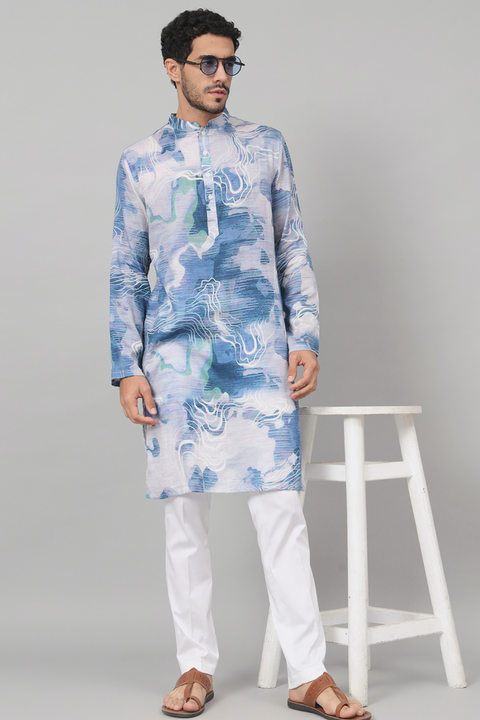 Marbre — Blue Marble Print Silk Kurta