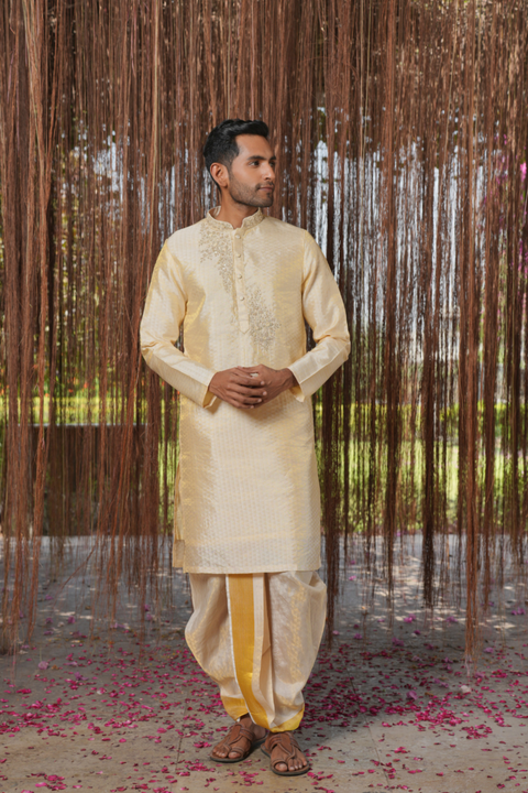 Ananta Kanjivaram — Cream Hand Embroidered Kanjivaram Pattu Silk Kurta Set