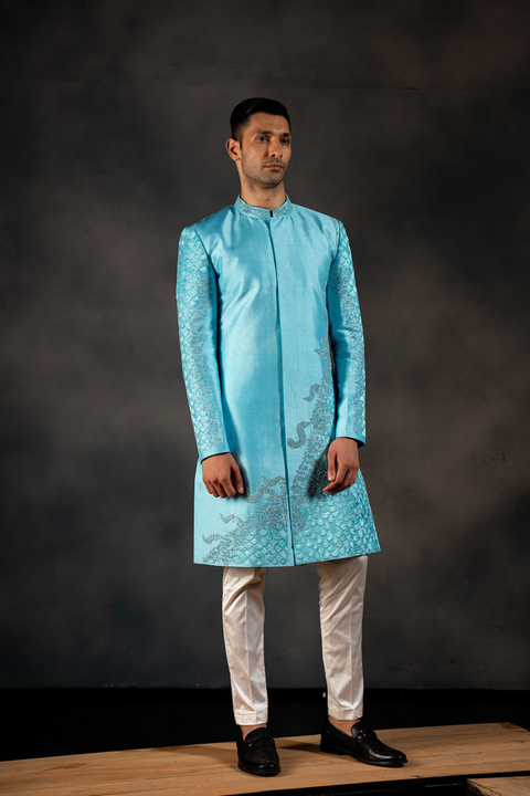 Underwater Bliss — Blue Hand Embroidered Raw Silk Sherwani