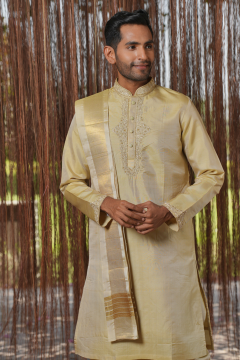 Sharvariya Kanjivaram — Olive Thread Embroidered Kanjivaram Pattu Silk Kurta Set
