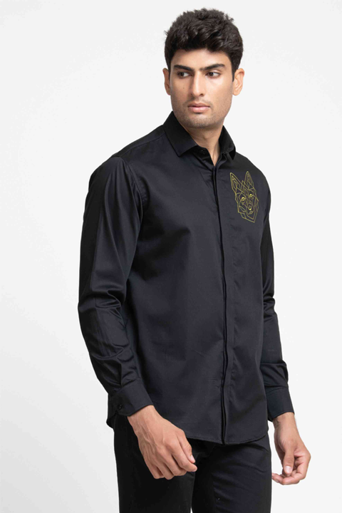 Perto Wolf — Black Wolf Embroidered Cotton Satin Shirt