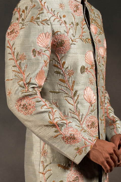 Minty Coral — Olive Green Hand Embroidered Raw Silk Sherwani