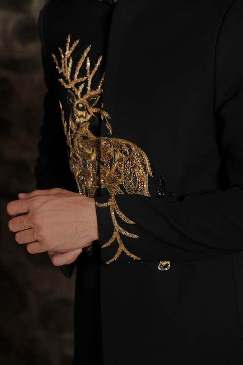 Winter Crest — Black Gold Zardozi British Suede Suiting Bandhgala