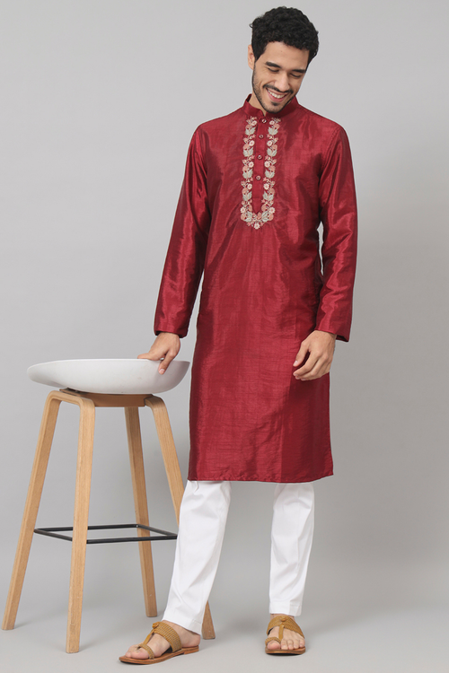 Claret — Maroon Embroidered Semi Raw Silk Kurta