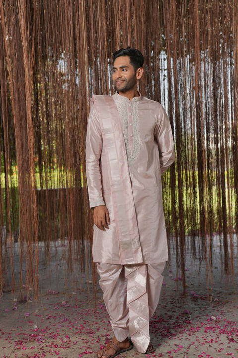 Nyra Kanjivaram — Sandstone Thread Embroidered Kanjivaram Pattu Silk Kurta Set