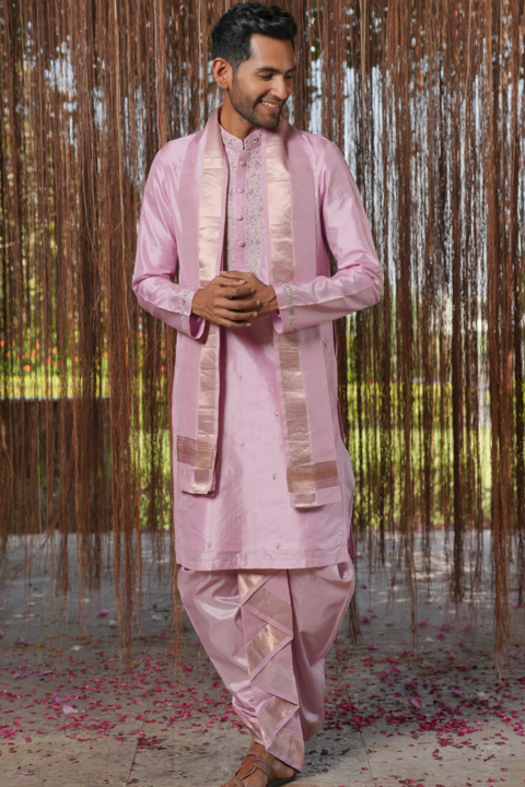 Iris Kanjivaram — Lavender Thread Embroidered Kanjivaram Pattu Silk Kurta Set