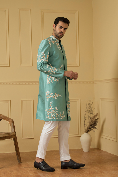 Marino — Sage Green Hand Embroidered Dupion Silk Sherwani