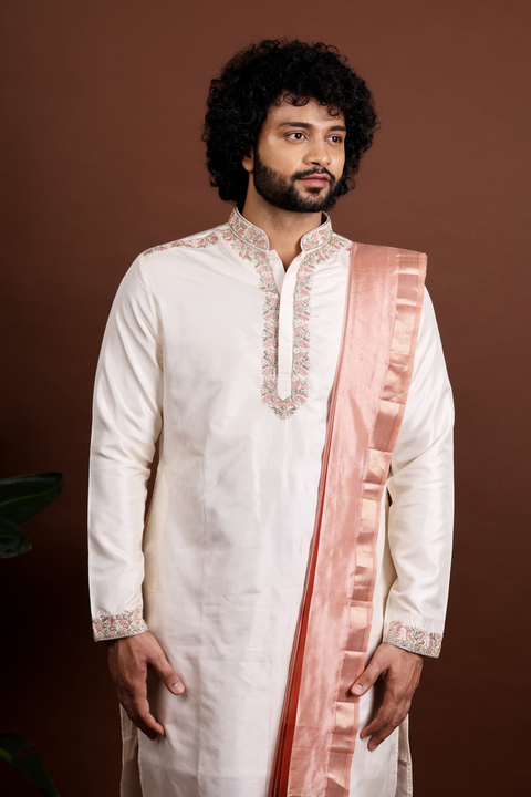 Regio — Beige Peach & Copper Hand Embroidered Kanjivaram Pattu Kurta Set