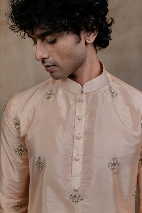 Ananta — Peach Hand Embroidered Semi Pattu Silk Kurta