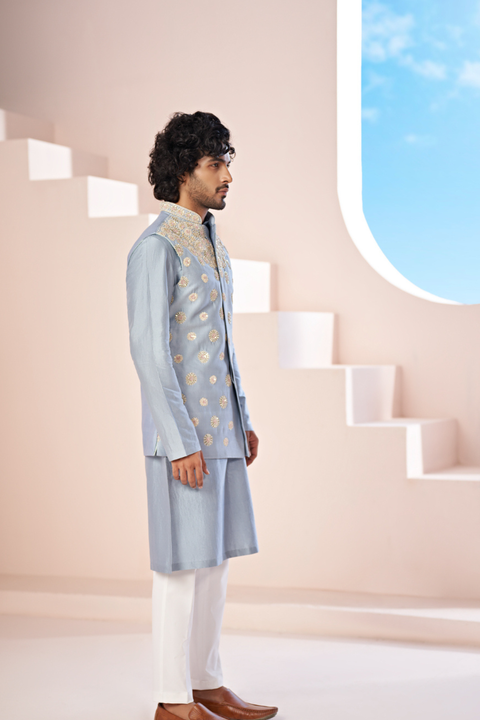 Claro — Powder Blue Nature Printed Dupion Silk Nehru Jacket Set