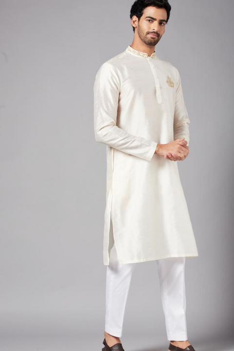 Ecru — White Embroidered Falling Raw Silk Kurta