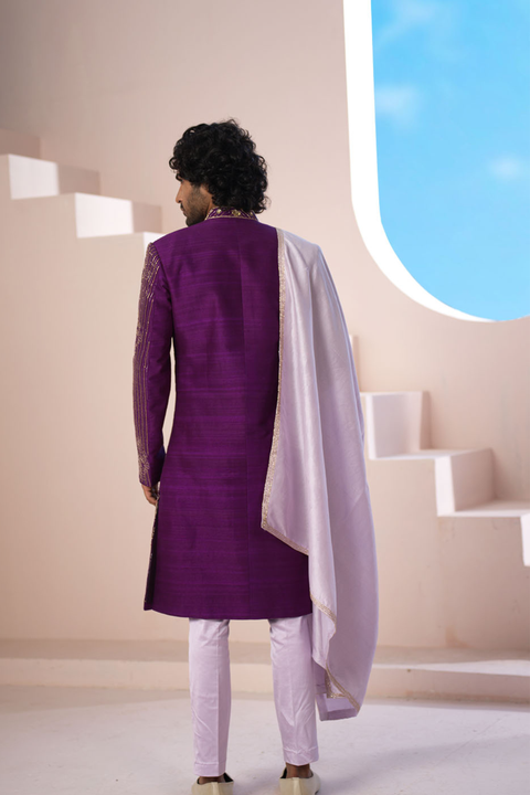 Majestique — Purple Hand Embroidered Raw Silk Sherwani