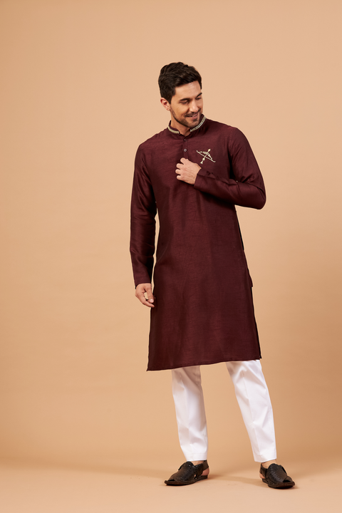 Adira — Maroon Zari Embroidered Falling Raw Silk Kurta