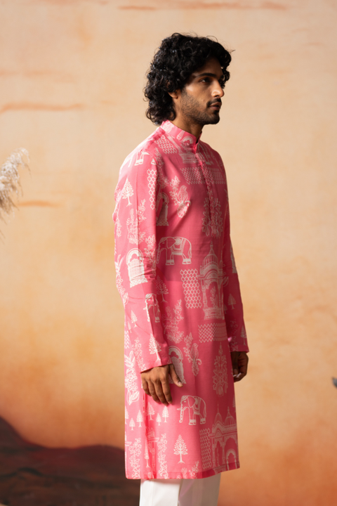 Arco — Pink Botanical Print Russian Silk Kurta