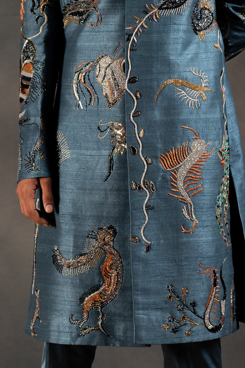 Oceanic Depths — Blue Hand Embroidered Raw Silk Sherwani