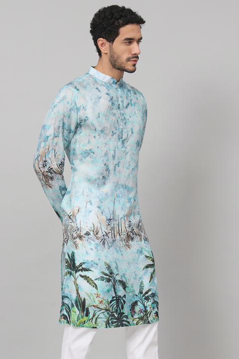 Sepia — Blue Palm Tree Print Silk Kurta