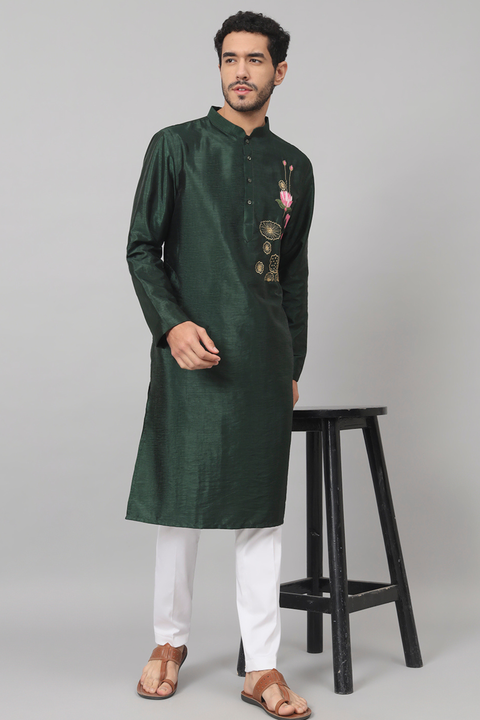 Varen — Green Embroidered Semi Raw Silk Kurta