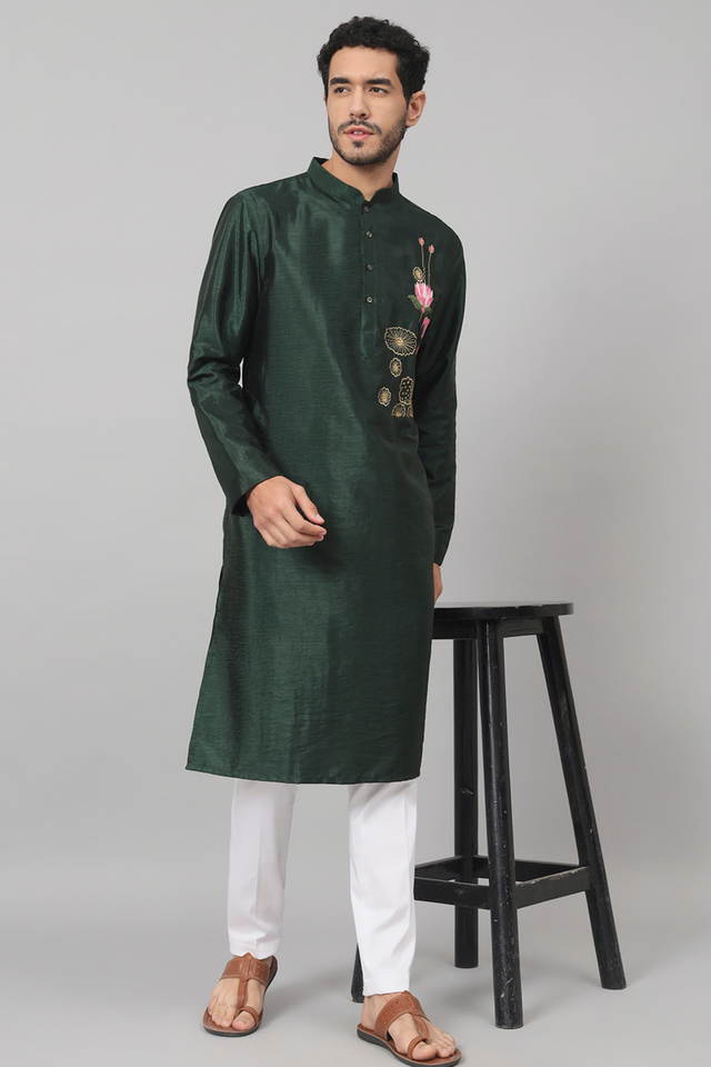 Varen — Green Embroidered Semi Raw Silk Kurta