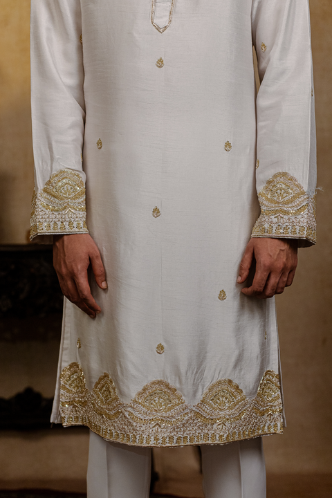 Mandala — Off-White Hand Embroidered Falling Raw Silk Kurta