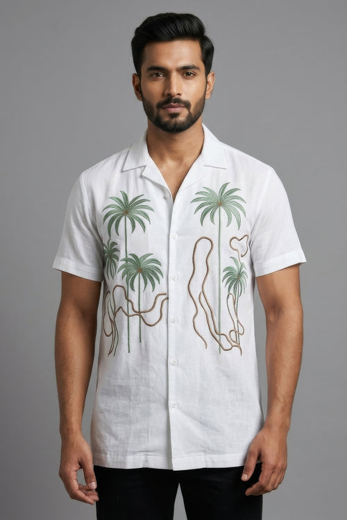 White linen shirt with artisan thread palm landscape embroidery — Tansira by HILO DESIGN