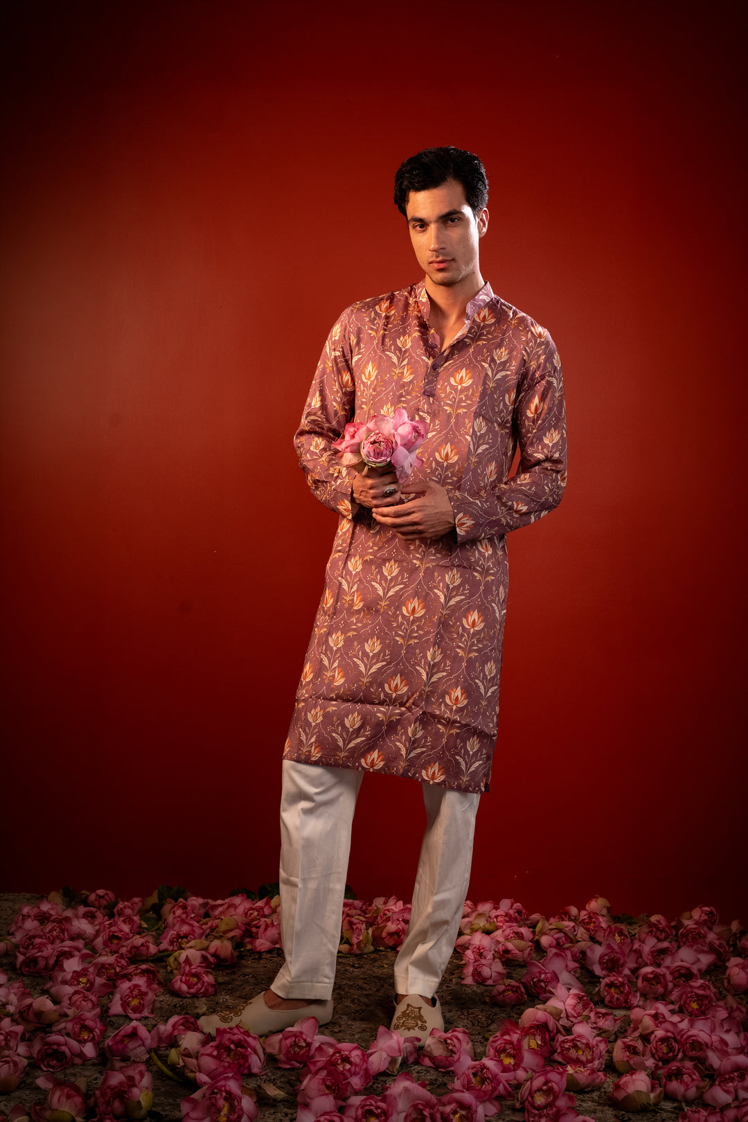 Amaya — Dusty Mauve Printed Falling Raw Silk Kurta