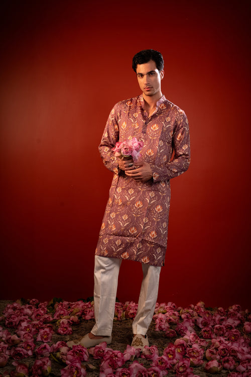 Amaya — Dusty Mauve Printed Falling Raw Silk Kurta