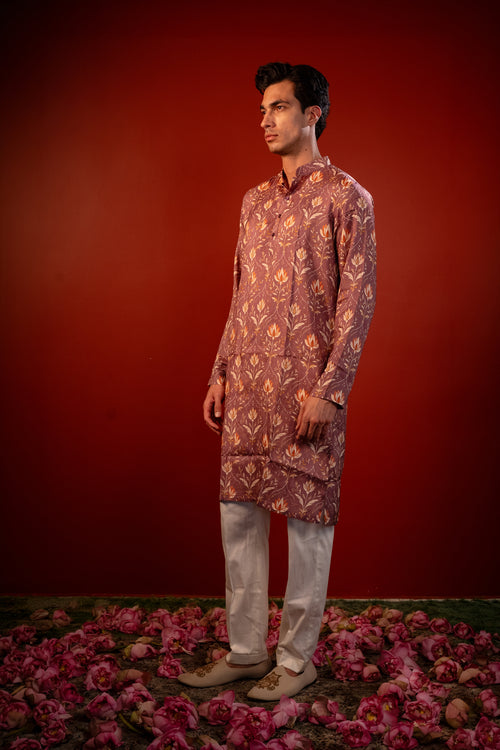 Amaya — Dusty Mauve Printed Falling Raw Silk Kurta