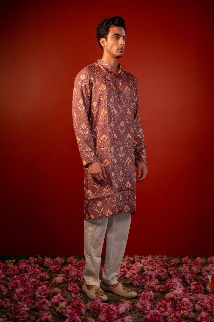 Amaya — Dusty Mauve Printed Falling Raw Silk Kurta