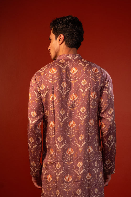 Amaya — Dusty Mauve Printed Falling Raw Silk Kurta