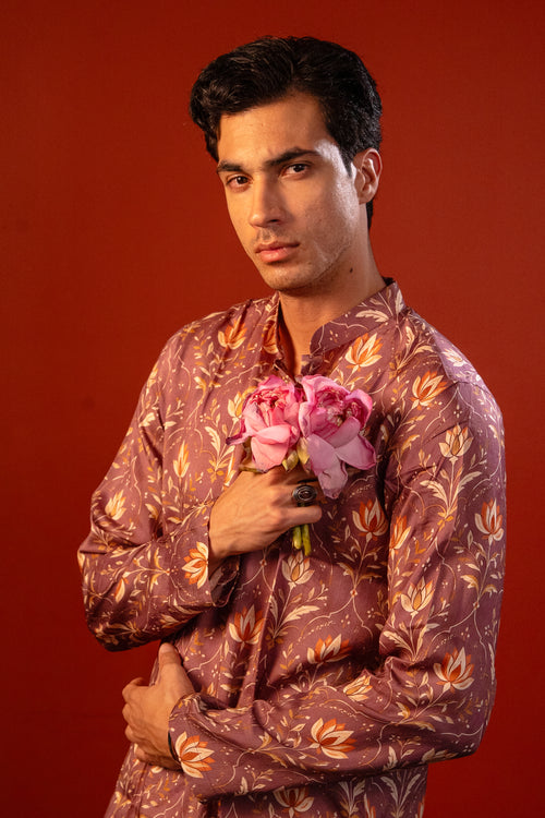 Amaya — Dusty Mauve Printed Falling Raw Silk Kurta