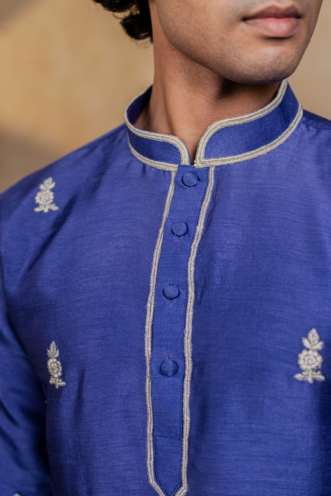 Silver Stitches — Blue Silver Zari Embroidered Falling Raw Silk Kurta