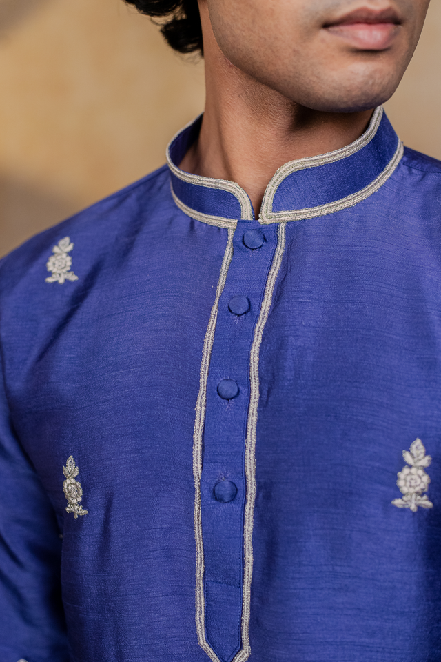 Silver Stitches — Blue Silver Zari Embroidered Falling Raw Silk Kurta