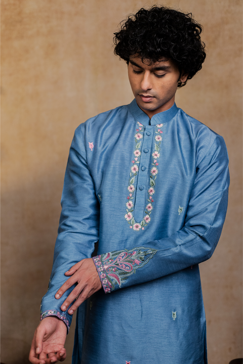 Varnika — Blue Embroidered Falling Raw Silk Kurta