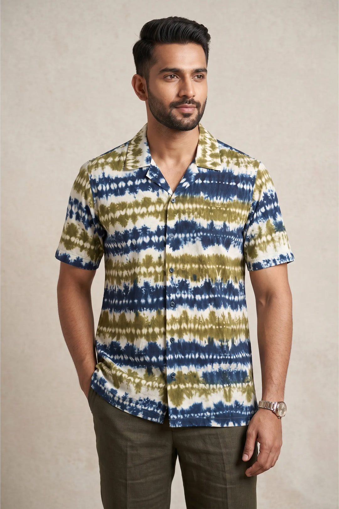 Indigo and olive Shibori-dyed cotton shirt — Prakriti by HILO DESIGN