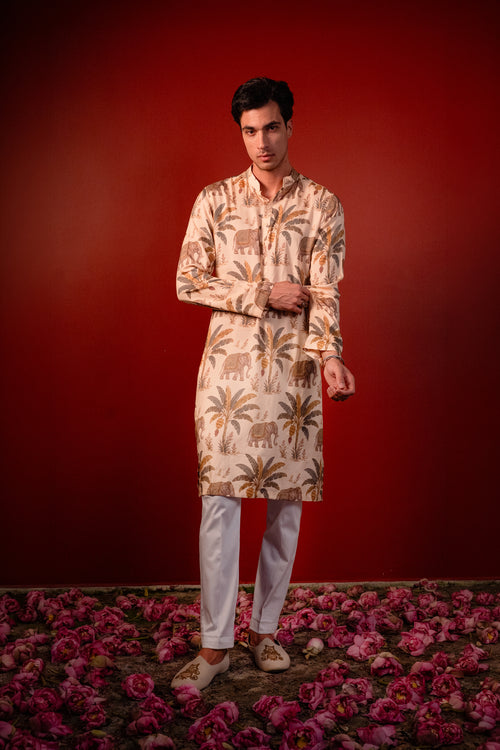 Kadali — Cream Printed Falling Raw Silk Kurta