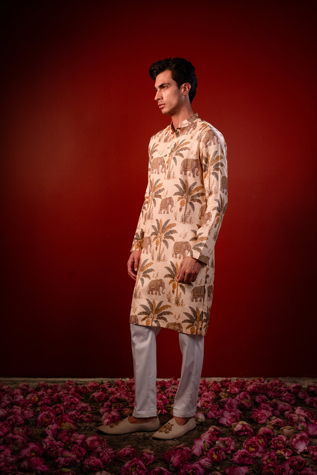 Kadali — Cream Printed Falling Raw Silk Kurta
