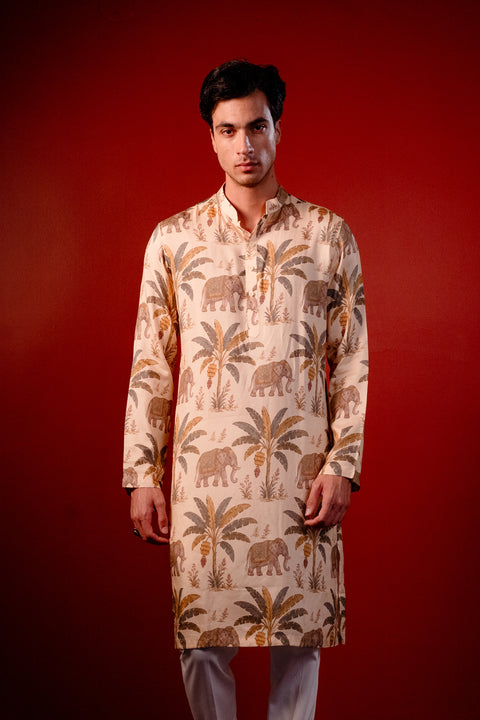 Kadali — Cream Printed Falling Raw Silk Kurta