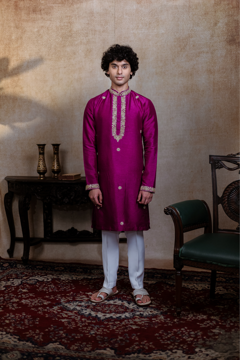 Rajyog — Magenta Zari Embroidered Falling Raw Silk Kurta