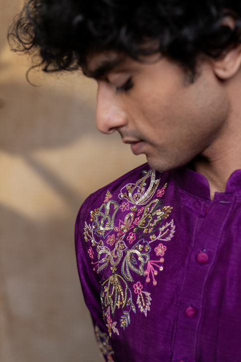 Mayura Cham — Purple Peacock Embroidered Falling Raw Silk Kurta