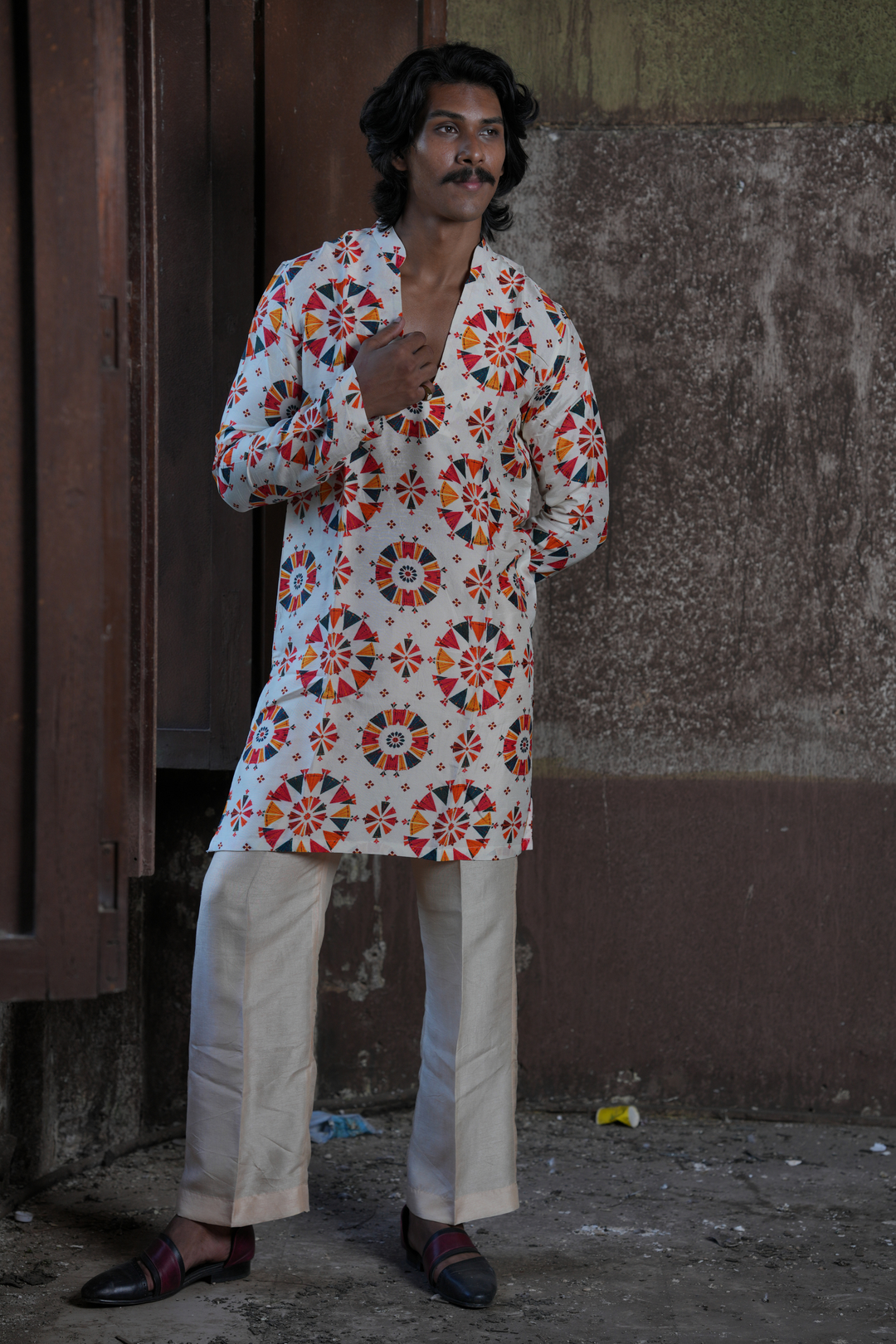 Chakrika — Ivory Folk-Inspired Chakra Print Falling Raw Silk Kurta