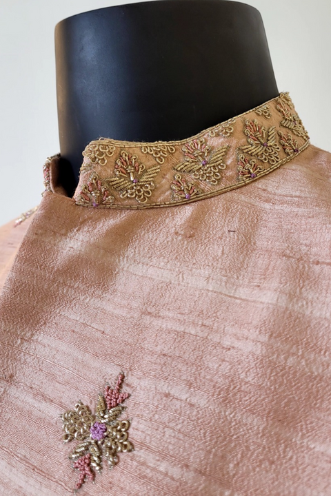Peach Elegance — Peach Hand Embroidered Dupion Silk Sherwani