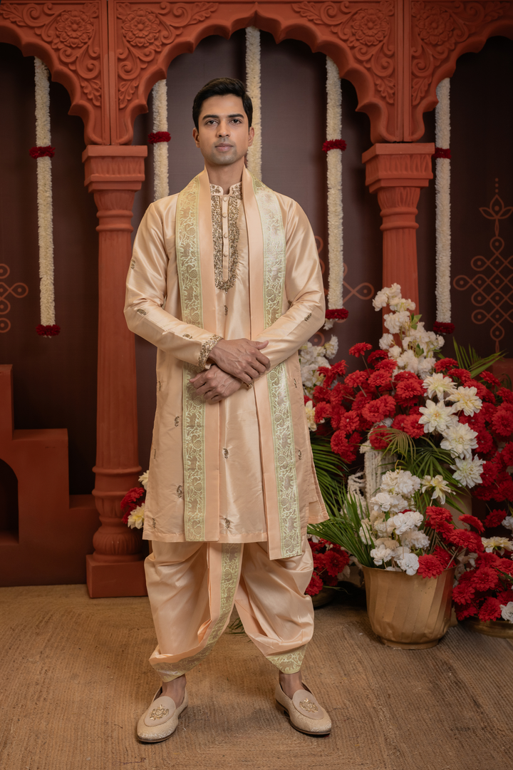 Vihaan — Pastel Peach Hand Embroidered Placket &amp; Figured Zari Brocade Border Semi Pattu Kurta + Dhoti &amp; Kanduva Set
