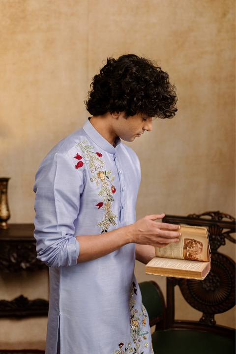 Botanical Bloom — Lavender Floral Embroidered Falling Raw Silk Kurta