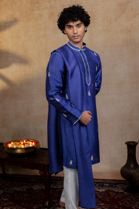 Silver Stitches — Blue Silver Zari Embroidered Falling Raw Silk Kurta