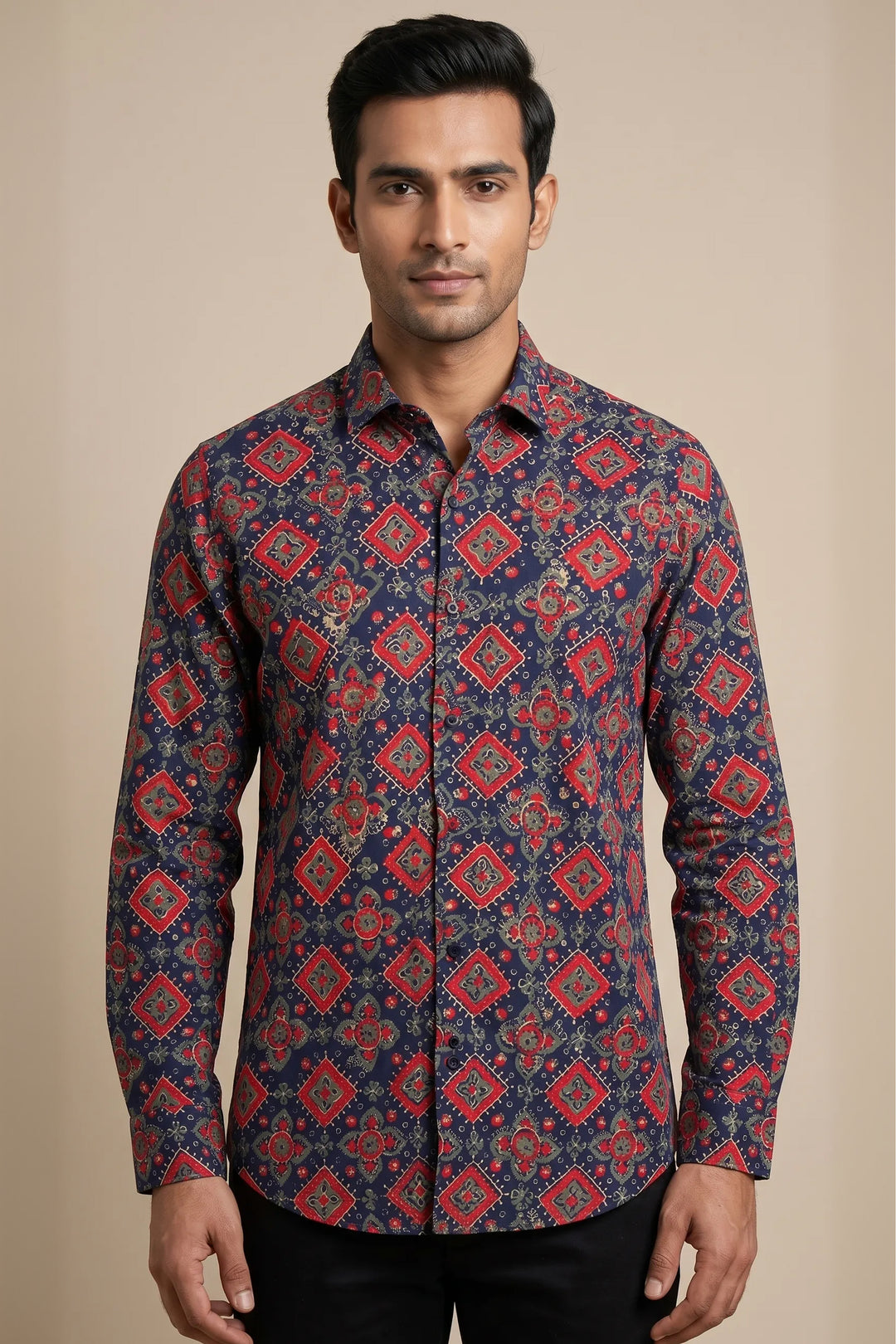 Red Ajrakh hand block-printed cotton shirt — Durbar by HILO DESIGN