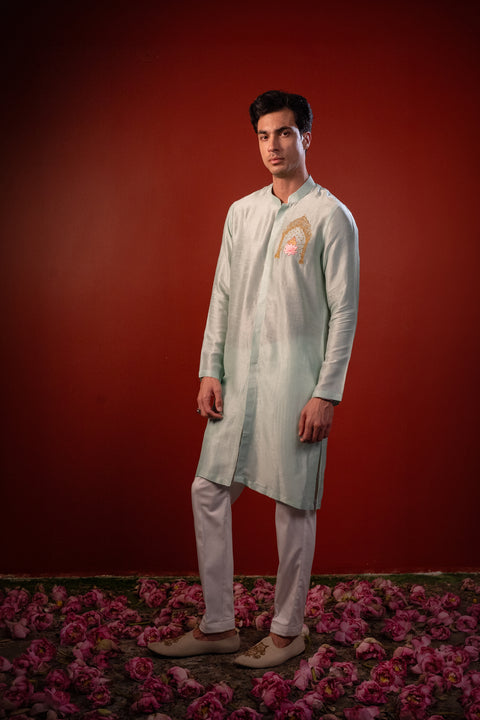 Amod — Mint Green Thread Embroidered Falling Raw Silk Kurta